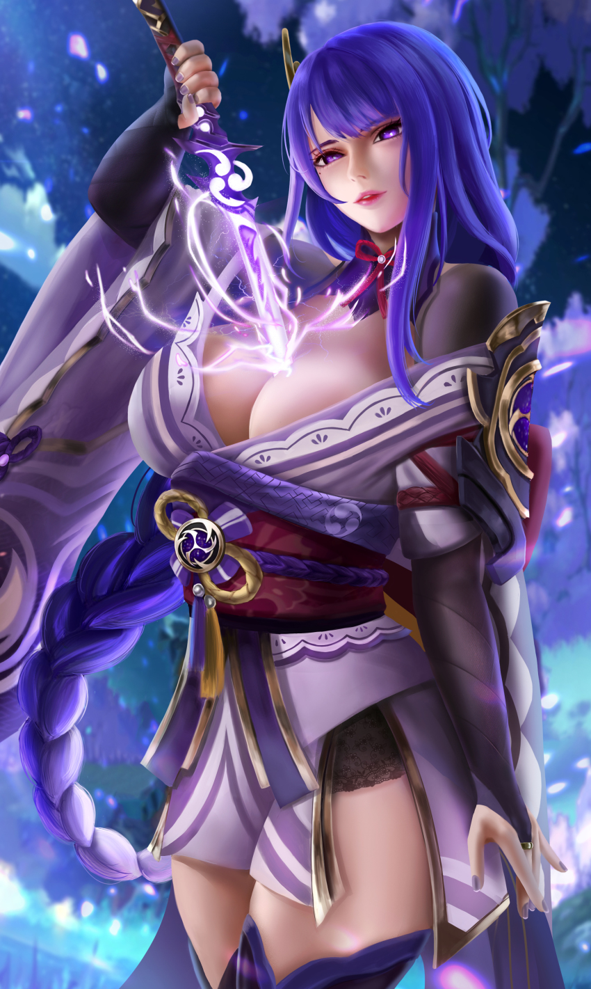 1girl, absurdres, armor, braid, breasts, bridal_gauntlets, cleavage, cloud, cloudy_sky, coattails, commentary, electricity, english_commentary, flower, genshin_impact, hair_ornament, highres, holding, holding_sword, holding_weapon, human_scabbard, japanese_clothes, k.chanichy, kimono, large_breasts, long_hair, long_sleeves, looking_at_viewer, mitsudomoe_(shape), mole, mole_under_eye, nail_polish, obi, obiage, obijime, parted_lips, purple_eyes, purple_flower, purple_hair, purple_nails, raiden_shogun, ribbon, sash, shoulder_armor, sky, solo, sword, tailcoat, tassel, thighhighs, tomoe_(symbol), weapon, wide_sleeves