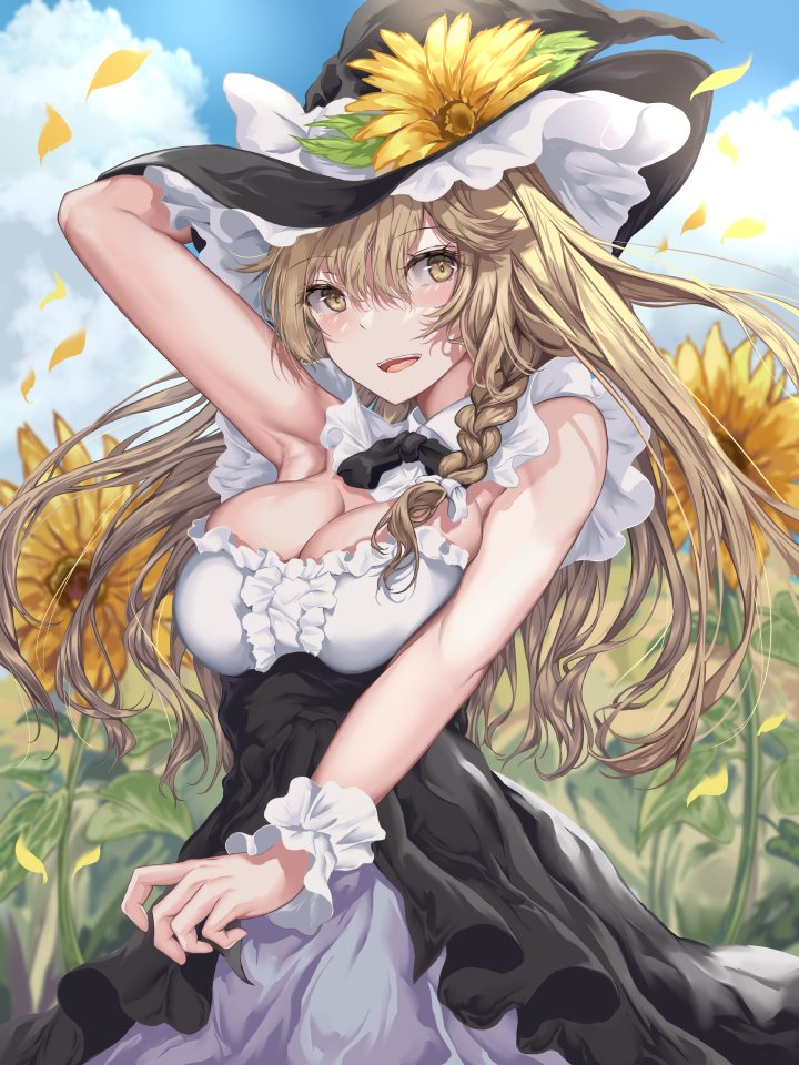 1girl, armpit_peek, armpits, black_dress, black_neckwear, blonde_hair, blue_sky, bow