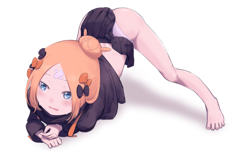 1girl, abigail_williams_(fate), abigail_williams_(traveling_outfit)_(fate), arm_rest, ass, bandaid, bandaid_on_face, bandaid_on_forehead