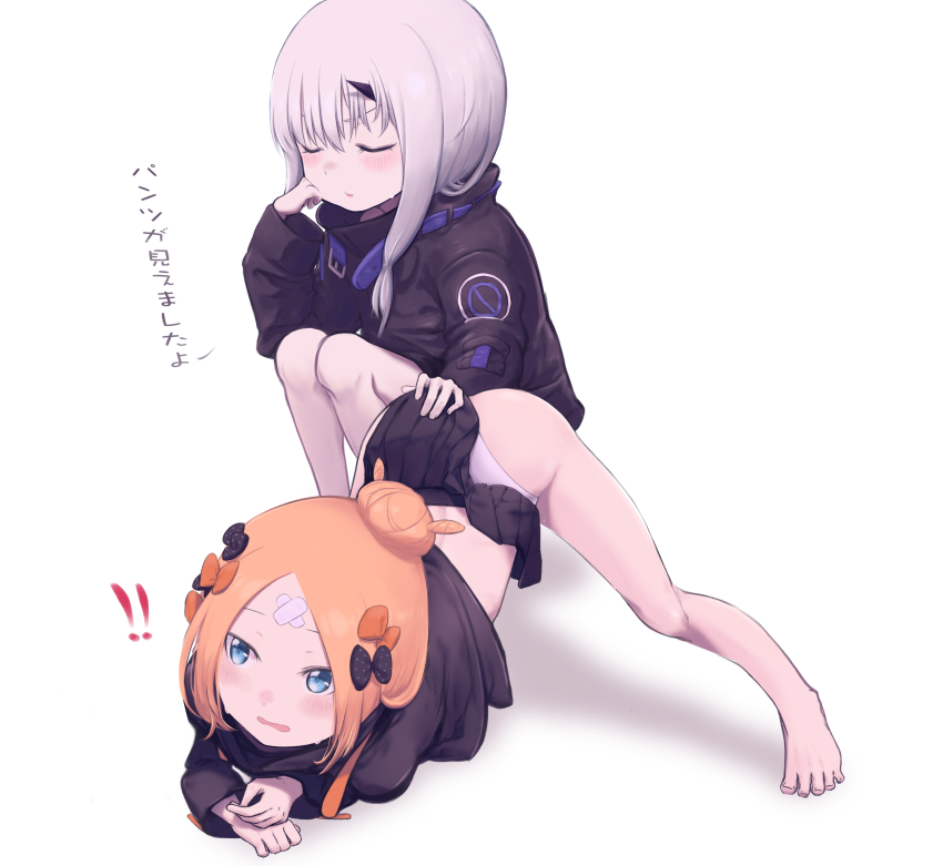 !, !!, abigail_williams_(fate), abigail_williams_(festival_outfit)_(fate), abigail_williams_(traveling_outfit)_(fate), absurdres, arm_rest, ass, bandaid, bandaid_on_face, bandaid_on_forehead, barefoot, belt, black_bow, black_jacket, black_skirt, blonde_hair, blue_belt, blue_eyes, bow, breasts, closed_eyes, crossed_bandaids, daisi_gi, fate/grand_order, fate_(series), flexible, forehead, hair_bow, hair_bun, hands_on_ground, heroic_spirit_traveling_outfit, high_collar, highres, horns, jack-o'_challenge, jacket, lavinia_whateley_(fate), legs, long_hair, long_sleeves, looking_to_the_side, meme, multiple_bows, official_alternate_costume, open_mouth, orange_belt, orange_bow, pale_skin, panties, parted_bangs, polka_dot, polka_dot_bow, single_hair_bun, single_horn, skirt, sleeves_past_fingers, sleeves_past_wrists, small_breasts, spread_legs, squatting, stretching, top-down_bottom-up, translated, underwear, white_hair, white_panties, wide_spread_legs