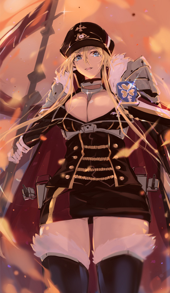 aiguillette, azur_lane, bismarck_(azur_lane), bismarck_(coat_of_arms), black_thighhighs, blonde_hair, blue_eyes, cape
