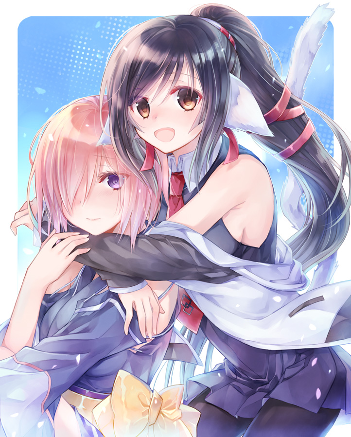 2girls, absurdly_long_hair, ainu_clothes, animal_ears, aquaplus, black_hair, black_leggings, breasts
