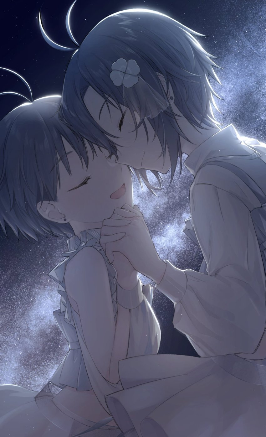 2girls, antenna_hair, closed_eyes, dual_persona, earrings, hair_ornament, highres, holding_hands