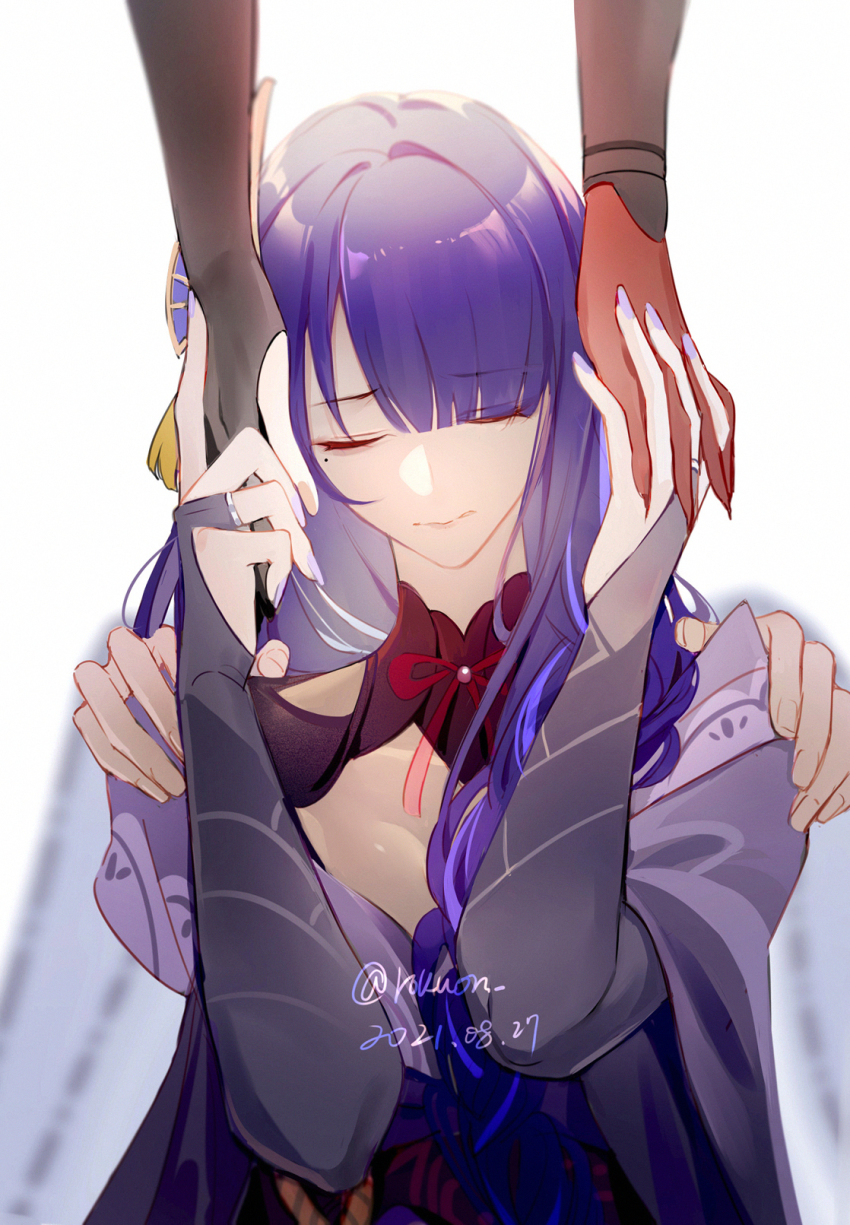 breasts, bridal_gauntlets, chiyo_(genshin_impact), cleavage, closed_eyes, closed_mouth, commentary_request, fingerless_gloves