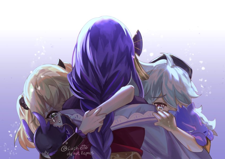 absurdres, blonde_hair, commentary, crying, crying_with_eyes_open, english_commentary, fischl_(genshin_impact), frilled_sleeves, frills, from_behind, genshin_impact, green_eyes, highres, hug, japanese_clothes, kimono, light_particles, long_sleeves, lushiette, oz_(genshin_impact), raiden_shogun, razor_(genshin_impact), red_eyes, scar, scar_on_arm, tassel, tears, twintails, twitter_username, white_hair