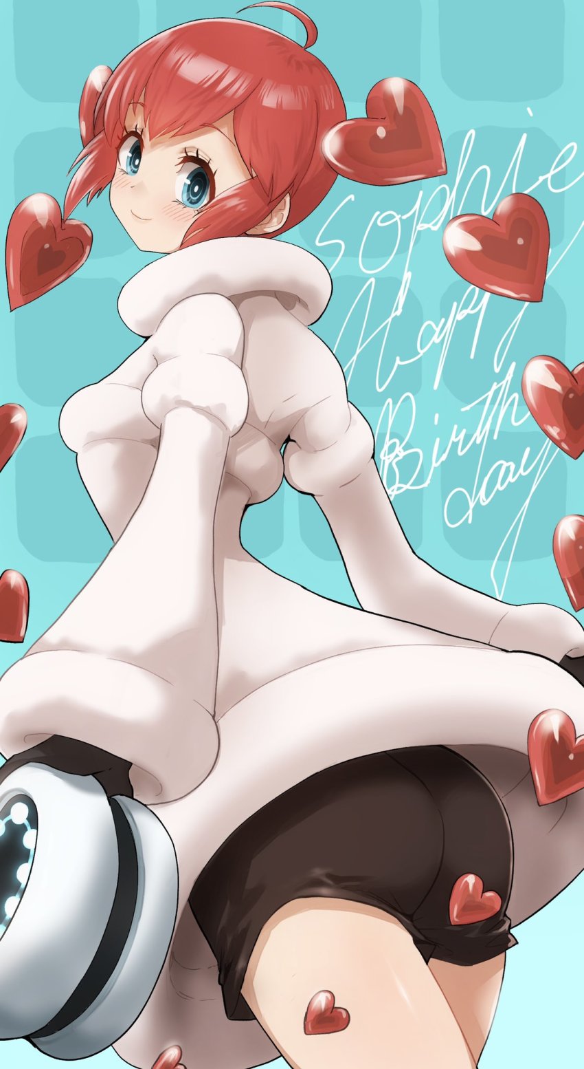 1girl, ass, blue_eyes, blush, breasts, coat, from_behind, heart, highres, kurosususu, looking_at_viewer, looking_back, persona, persona_5, persona_5_scramble:_the_phantom_strikers, red_hair, shiny_clothes, short_hair, short_shorts, shorts, sideboob, smile, solo, sophia_(p5s), yo-yo