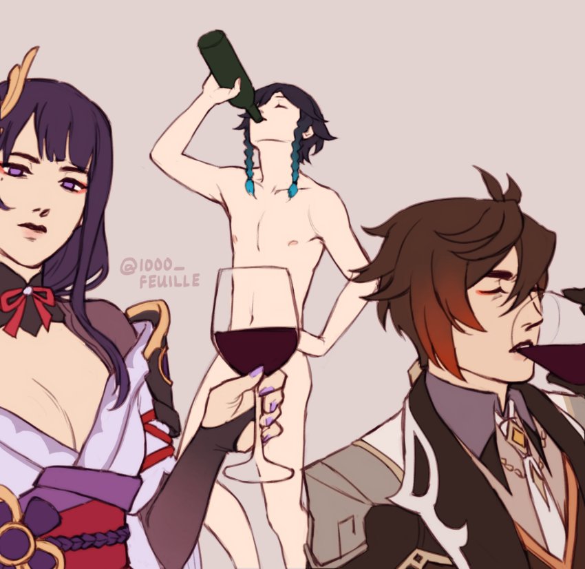 1000_feuille, 1girl, 2boys, alcohol, androgynous, armor, black_gloves, bottle, braid, breasts, bridal_gauntlets, brown_hair, cleavage, closed_mouth, clothed_female_nude_male, collarbone, collared_shirt, commentary, convenient_censoring, cup, drinking, drinking_glass, english_commentary, eyeliner, formal_clothes, genshin_impact, gloves, gradient_hair, grey_background, hair_between_eyes, hair_ornament, highres, holding, holding_bottle, holding_cup, jacket, japanese_clothes, kimono, large_breasts, long_hair, long_sleeves, looking_at_viewer, makeup, mole, mole_under_eye, multicolored_hair, multiple_boys, nail_polish, navel, necktie, nipples, nude, obi, obiage, obijime, open_mouth, orange_hair, purple_eyes, purple_hair, purple_nails, raiden_shogun, ribbon, sash, shirt, short_hair_with_long_locks, shoulder_armor, sidelocks, simple_background, suit, twin_braids, twitter_username, venti_(genshin_impact), vest, wine, wine_bottle, wine_glass, zhongli_(genshin_impact)