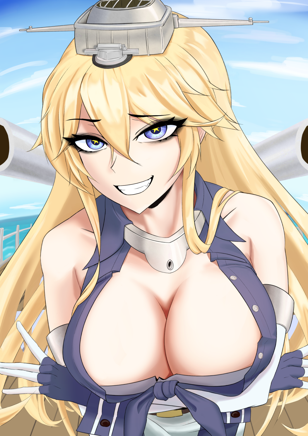 1girl, alternate_costume, bare_shoulders, blonde_hair, blue_eyes, blue_gloves, breasts, cleavage