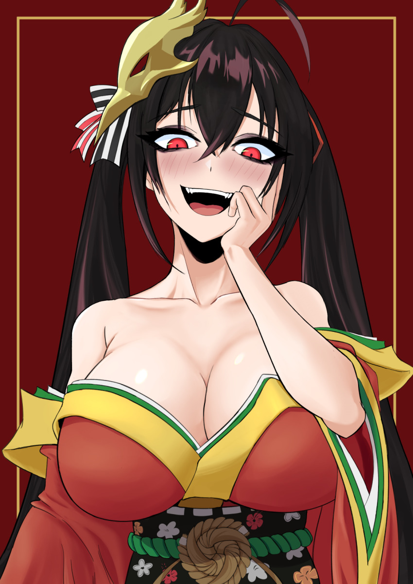 1girl, ahoge, azur_lane, bare_shoulders, black_hair, blush, breasts, china_dress, chinese_clothes, cleavage, collarbone, dress, female_focus, hair_ornament, hand_on_own_face, highres, j.k._(style), large_breasts, long_hair, looking_at_viewer, open_mouth, red_background, red_dress, red_eyes, rossam, solo, taihou_(azur_lane), twintails