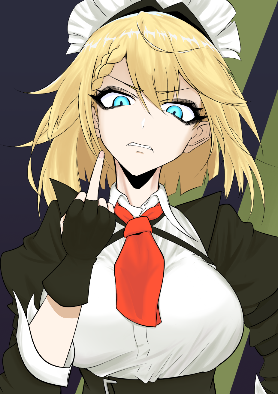 1girl, black_gloves, blonde_hair, blue_eyes, braid, breasts, disgust, fingerless_gloves