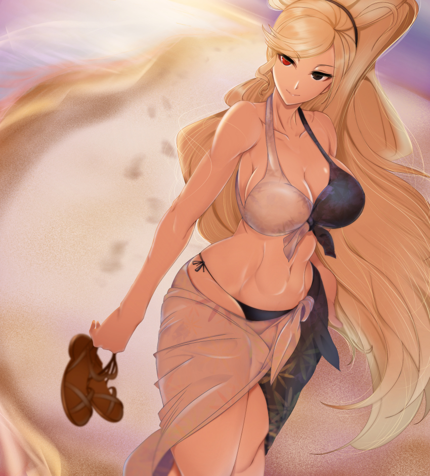1girl, absurdres, backlighting, beach, bikini, black_eyes, blonde_hair, breasts, cleavage, curvy, eyelashes, feet_out_of_frame, footprints, front-tie_bikini_top, front-tie_top, gaien_(jin_morisono), heterochromia, highres, hilda_(under_night_in-birth), holding, holding_shoes, holding_unworn_clothes, large_breasts, light_smile, long_hair, multicolored_bikini, navel, ocean, ponytail, red_eyes, sandals, sarong, shoes, side-tie_bikini_bottom, solo, sunset, swept_bangs, swimsuit, under_night_in-birth, unworn_shoes, very_long_hair, walking