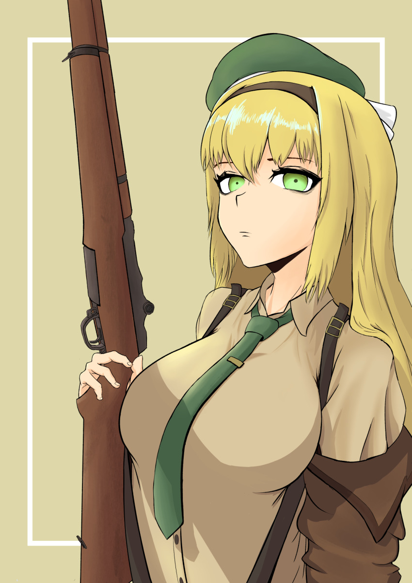 1girl, beret, blonde_hair, breasts, brown_jacket, brown_shirt, closed_mouth, clothes_pull