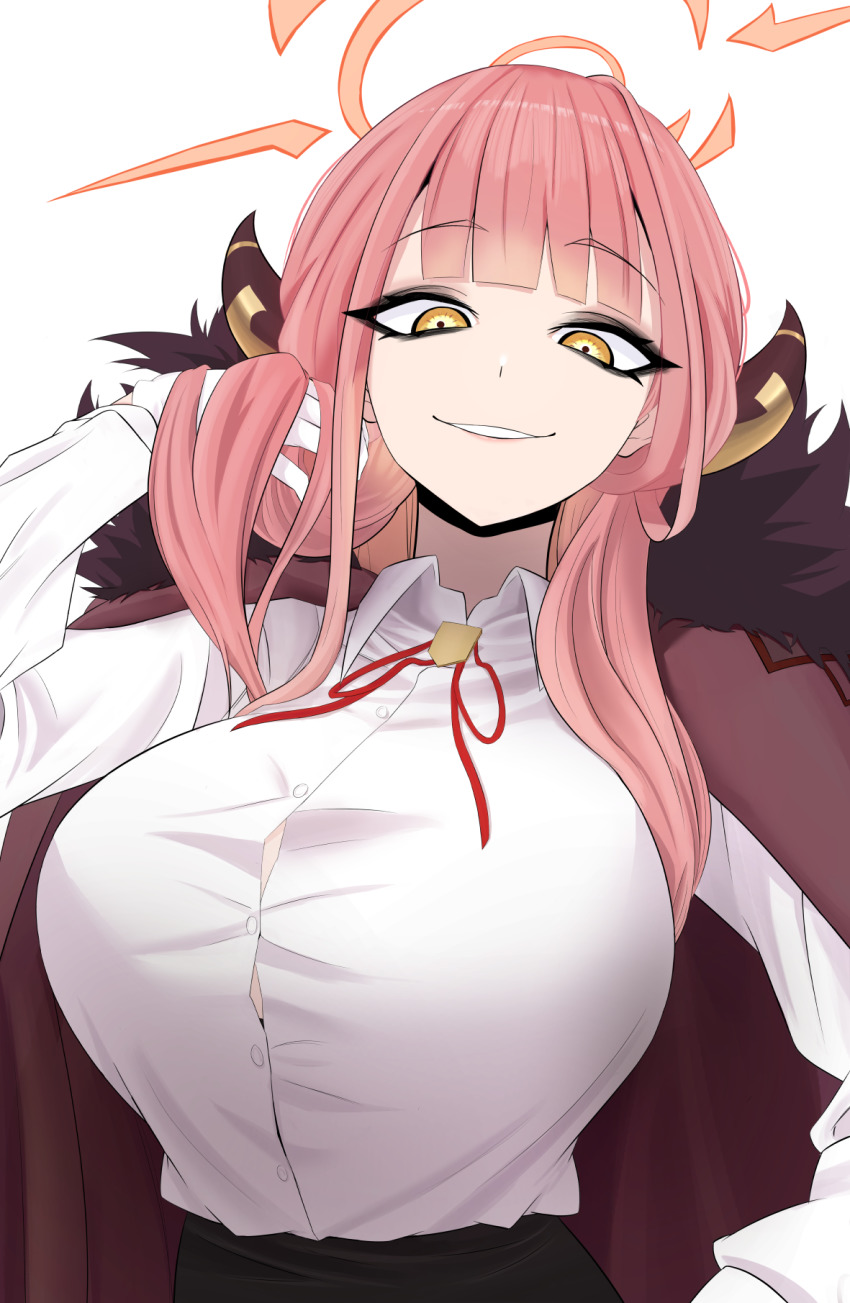 1girl, aru_(blue_archive), blue_archive, breasts, from_below, fur-trimmed_jacket, fur_trim, gloves