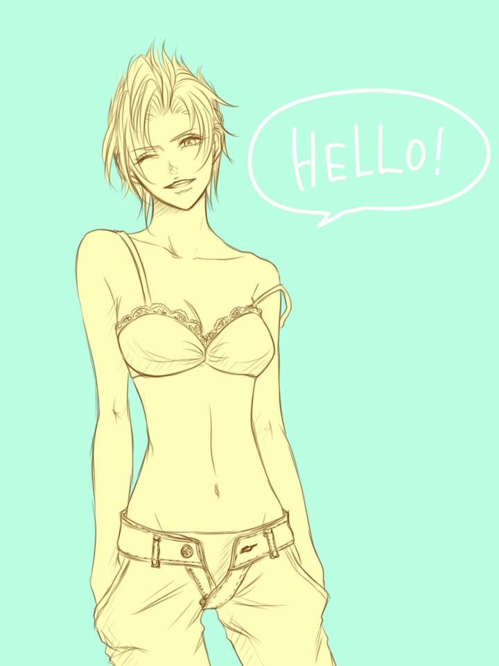 00s, 1girl, bad_id, bad_pixiv_id, bare_shoulders, bra, denim, english_text, female_focus, final_fantasy, final_fantasy_x, final_fantasy_x-2, hands_in_pockets, jeans, lingerie, midriff, monochrome, navel, no_shirt, off_shoulder, one_eye_closed, open_fly, paine, paine_(ff10), panties, pants, ranis, seri_(ranis), short_hair, sketch, smile, solo, speech_bubble, standing, underwear, unzipped, wink