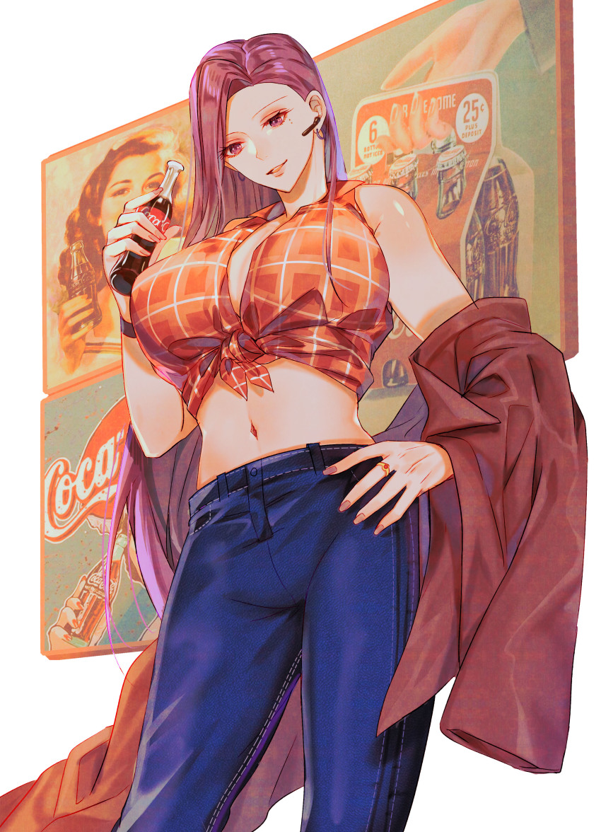 1girl, absurdres, airpods, black_survival, blouse, blue_pants, bottle, breasts