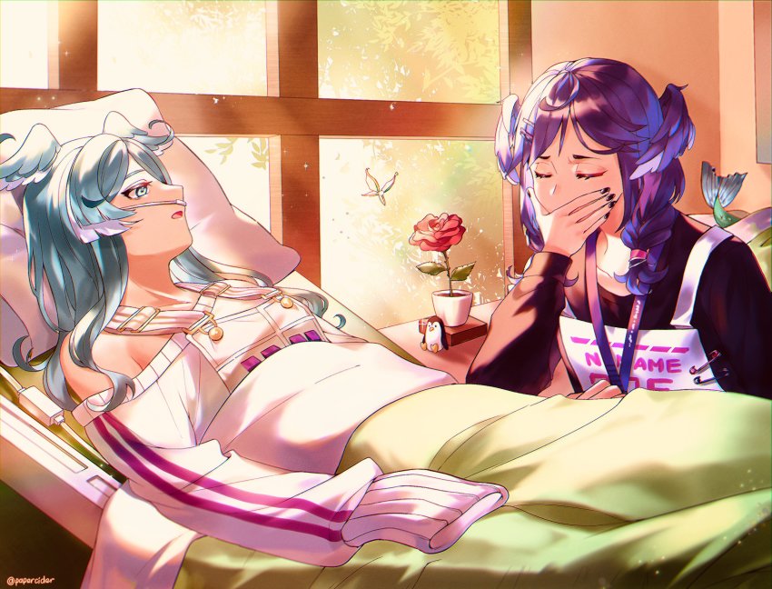 2girls, beatboxing, black_nails, blue_eyes, blue_hair, bug, butterfly, closed_eyes