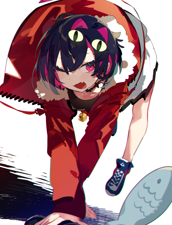 1girl, black_footwear, black_hair, blue_footwear, colored_inner_hair, fang, fur_trim, jacket, karei, ko_yami, multicolored_hair, nijisanji, nijisanji_kr, one_eye_closed, open_mouth, pink_eyes, pink_hair, red_jacket, solo, virtual_youtuber