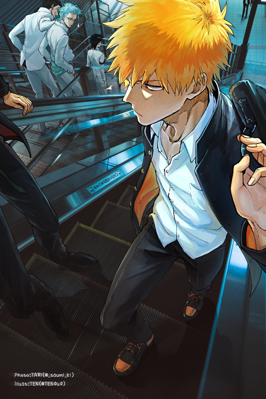 6+boys, absurdres, armband, black_footwear, black_hair, black_jacket, black_pants, bleach, blue_eyes, blue_hair, briefcase, character_request, collarbone, collared_shirt, escalator, facing_away, facing_viewer, green_shirt, grimmjow_jaegerjaquez, highres, holding, holding_briefcase, jacket, kurosaki_ichigo, leaning_back, long_sleeves, looking_back, looking_to_the_side, medium_hair, multiple_boys, open_clothes, open_jacket, orange_hair, out_of_frame, over_shoulder, pants, partially_unbuttoned, pectoral_cleavage, pectorals, photo_background, real_life, school_briefcase, school_uniform, shirt, short_hair, sign, spiked_hair, standing, suitcase, ten0u0, walking, white_footwear, white_jacket, white_pants, white_shirt