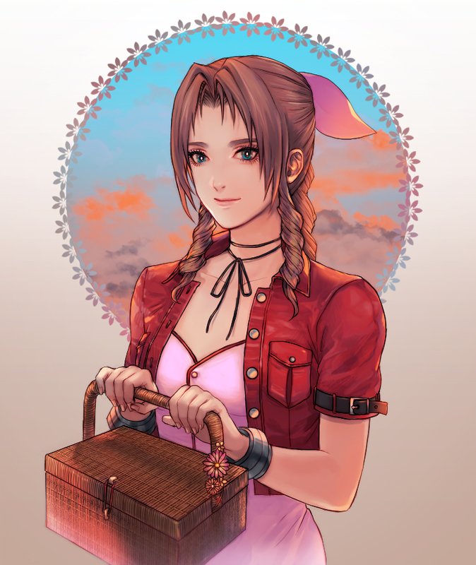 1girl, aerith_gainsborough, basket, bow, breasts, brown_hair, closed_mouth, cropped_jacket, dress, final_fantasy, final_fantasy_vii, green_eyes, hair_ribbon, jacket, long_hair, looking_at_viewer, pink_bow, pink_dress, ponytail, ribbon, smile, solo, square_enix, tori_(tokinohiyoko)