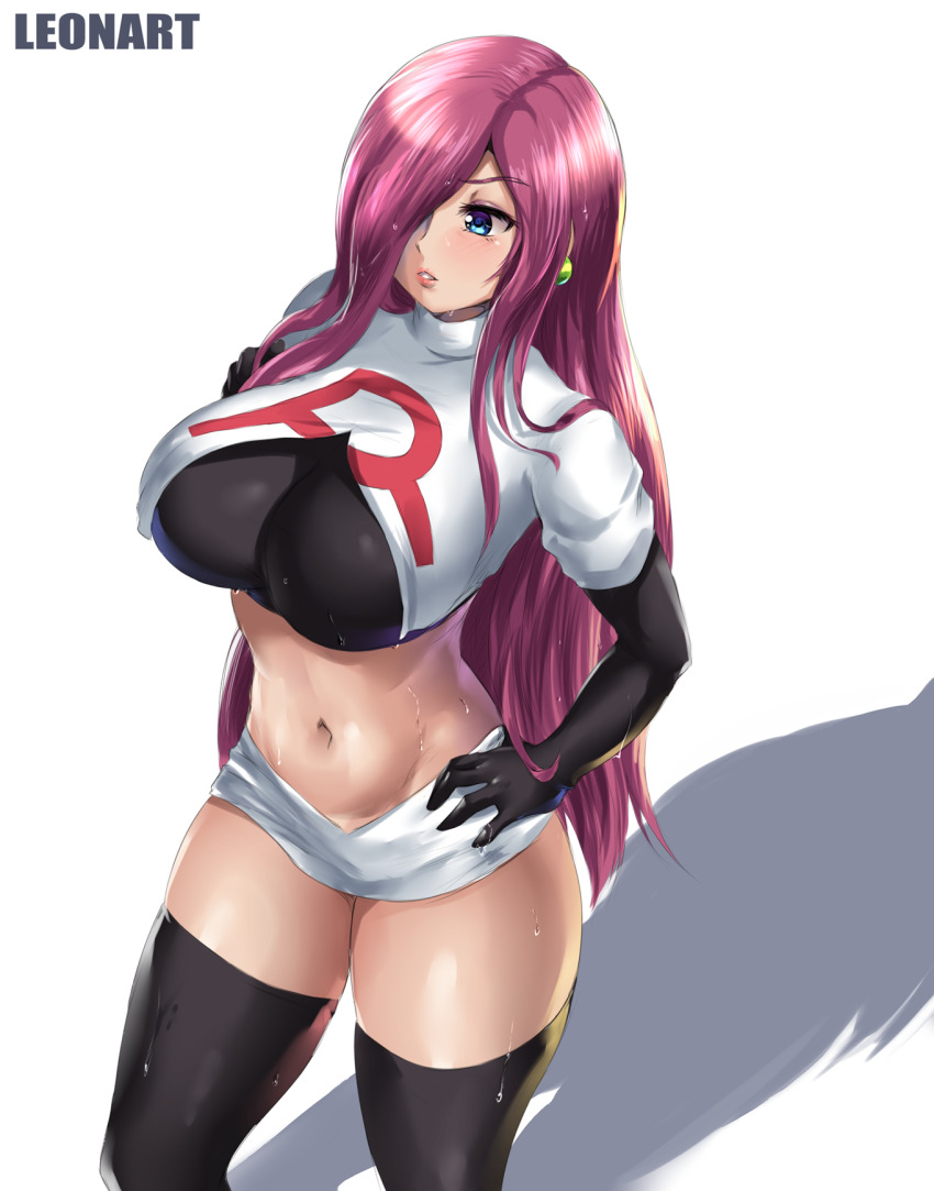 1girl, alternate_hairstyle, blue_eyes, breasts, earrings, elbow_gloves, gloves, hair_over_one_eye, hand_on_own_hip, highres, jessie_(pokemon), jewelry, large_breasts, leonart, long_hair, microskirt, navel, nintendo, pokemon, pokemon_(anime), pokemon_dp117, pokemon_the_series:_diamond_and_pearl, purple_hair, shadow, skirt, solo, team_rocket, thighhighs, wet