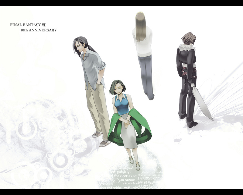 1990s_(style), bare_shoulders, belt, black_hair, brown_hair, celadon, dress_shirt, ellone_loire, final_fantasy, final_fantasy_viii, hairband, jacket, laguna_loire, long_hair, pants, ponytail, raine_loire, shirt, shoes, short_hair, skirt, squall_leonhart