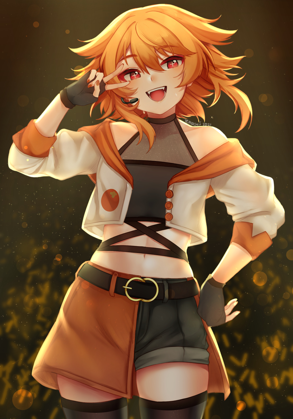 +_+, 1girl, :d, bare_shoulders, belt, black_belt, black_gloves, black_shorts