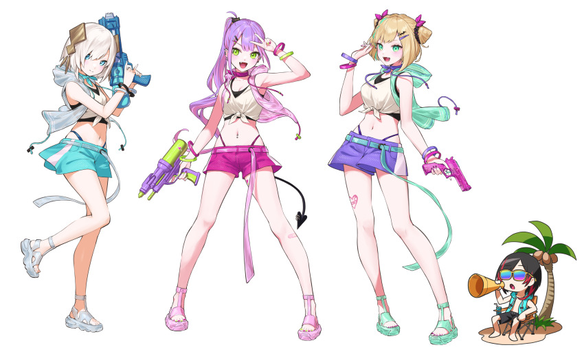 1boy, 3girls, absurdres, ars_almal, blonde_hair, blouse, bracelet, breasts, chibi, chibi_inset, cleavage, crazy_raccoon, drink_carton, fang, fangs, full_body, highleg, highleg_one-piece_swimsuit, highres, hololive, iris_black_games, jewelry, juice_box, kurumi_noah, leg_tattoo, looking_at_viewer, multicolored_nails, multiple_girls, nail_polish, nemoto_yuuma, nijisanji, one-piece_swimsuit, purple_hair, sandals, shirt, shorts, sleeveless, sleeveless_shirt, small_breasts, smile, swimsuit, tank_top, tattoo, tied_shirt, tokoyami_towa, uruca_(vtuber), virtual_youtuber, vocaloid, vspo!, water_gun, white_hair, white_tank_top
