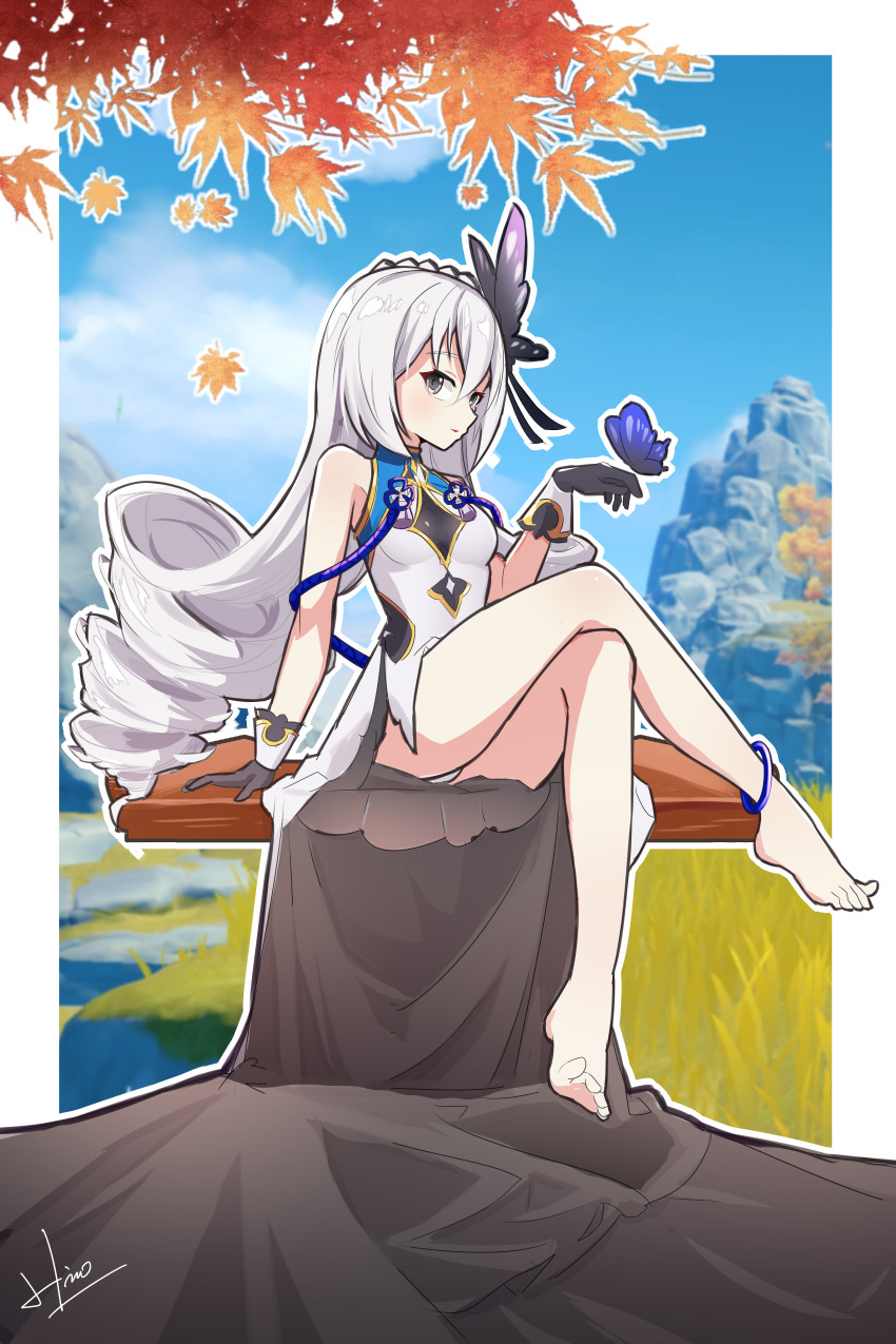 1girl, absurdres, ai_ke_le_de_xiao_hong, anklet, bare_shoulders, barefoot, black_gloves, blue_butterfly