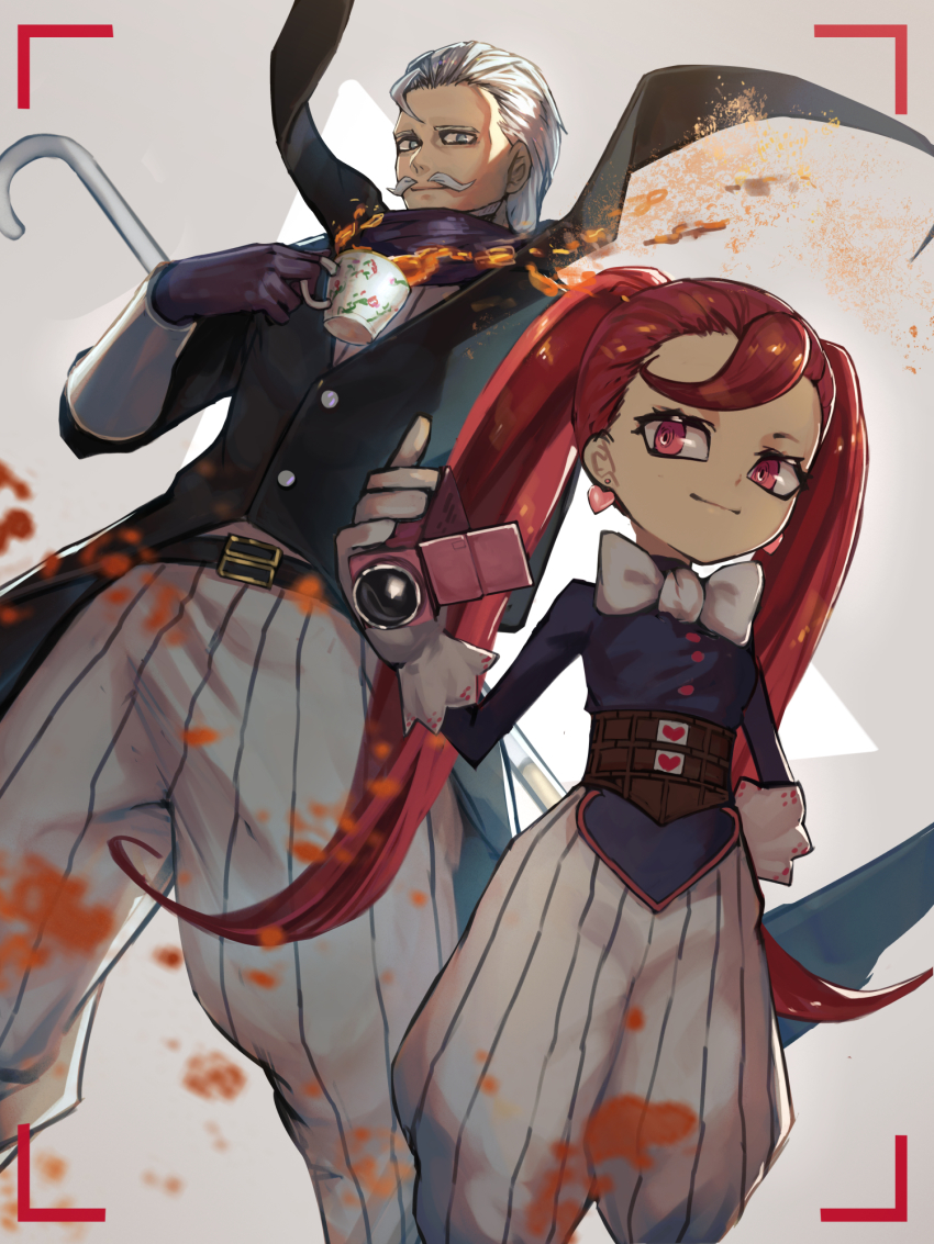 1boy, 1girl, aito, belt, black_gloves, black_vest, boku_no_hero_academia, bow, camcorder, cane, cup, earrings, facial_hair, recording, gentle_criminal, gloves, grey_eyes, grey_hair, hair_slicked_back, heart, heart_earrings, highres, jewelry, la_brava, long_hair, long_sleeves, mustache, pants, parachute_pants, red_hair, scarf, spilling, standing, tea, teacup, twintails, vest, video_camera, white_bow, white_gloves, white_neckwear