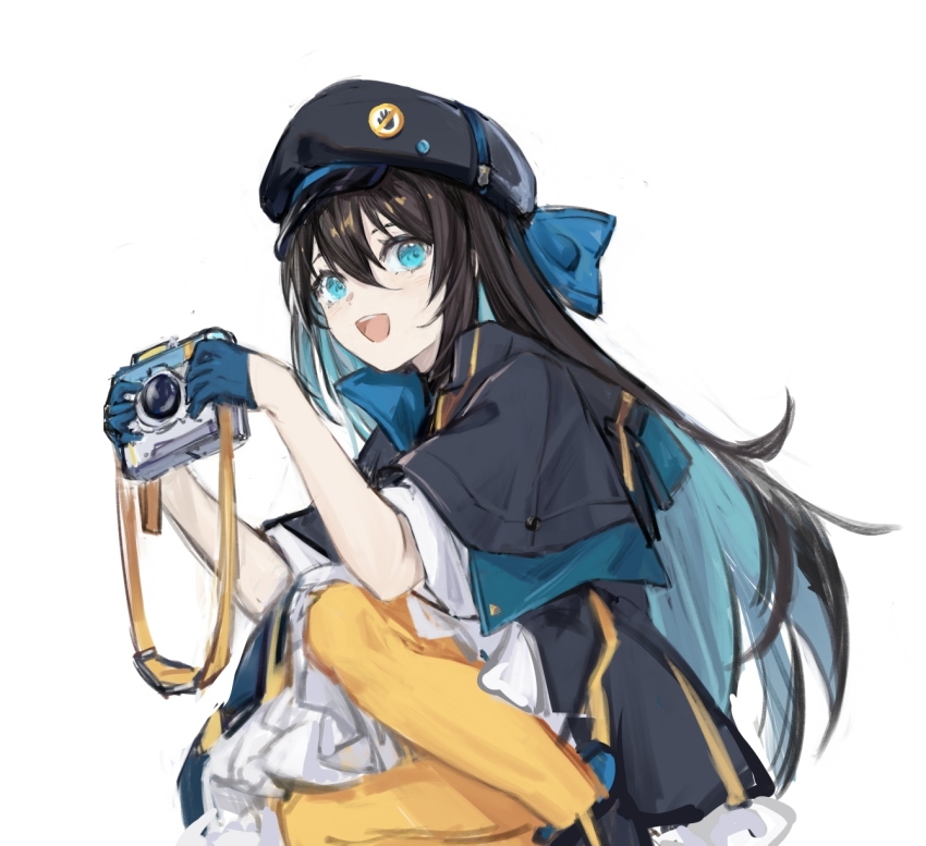 1girl, :d, blue_eyes, blue_gloves, brown_hair, camera, capelet, commentary_request