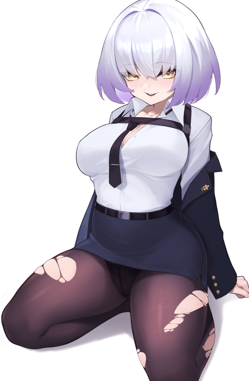 1girl, absurdres, black_jacket, black_necktie, breasts, cleavage, collared_shirt, commentary_request