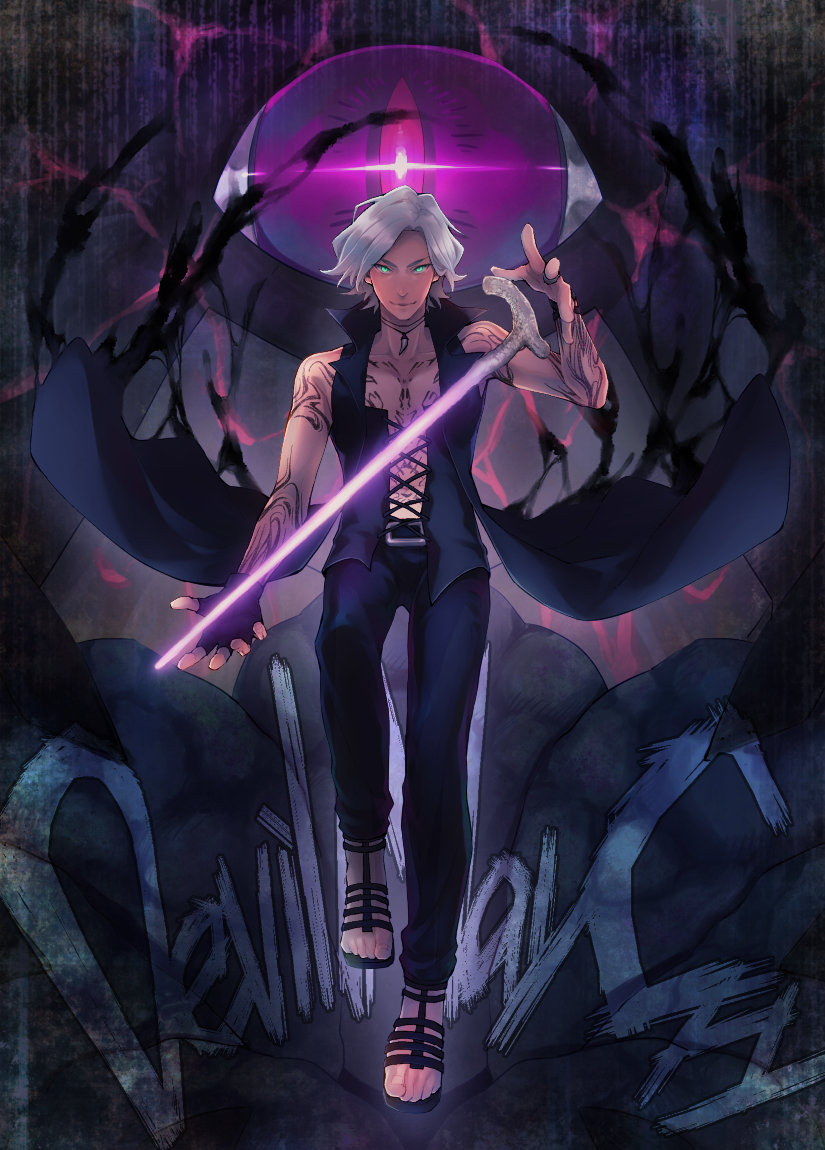 1boy, arm_tattoo, bare_shoulders, belt, black_coat, black_gloves, black_theme, bracelet