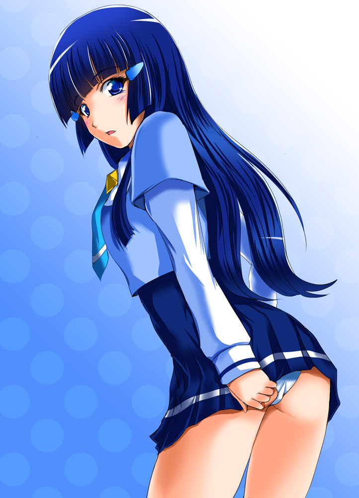 1girl, aoki_reika, ass, blue_background, blue_eyes, blue_hair, blue_neckwear, blue_shirt