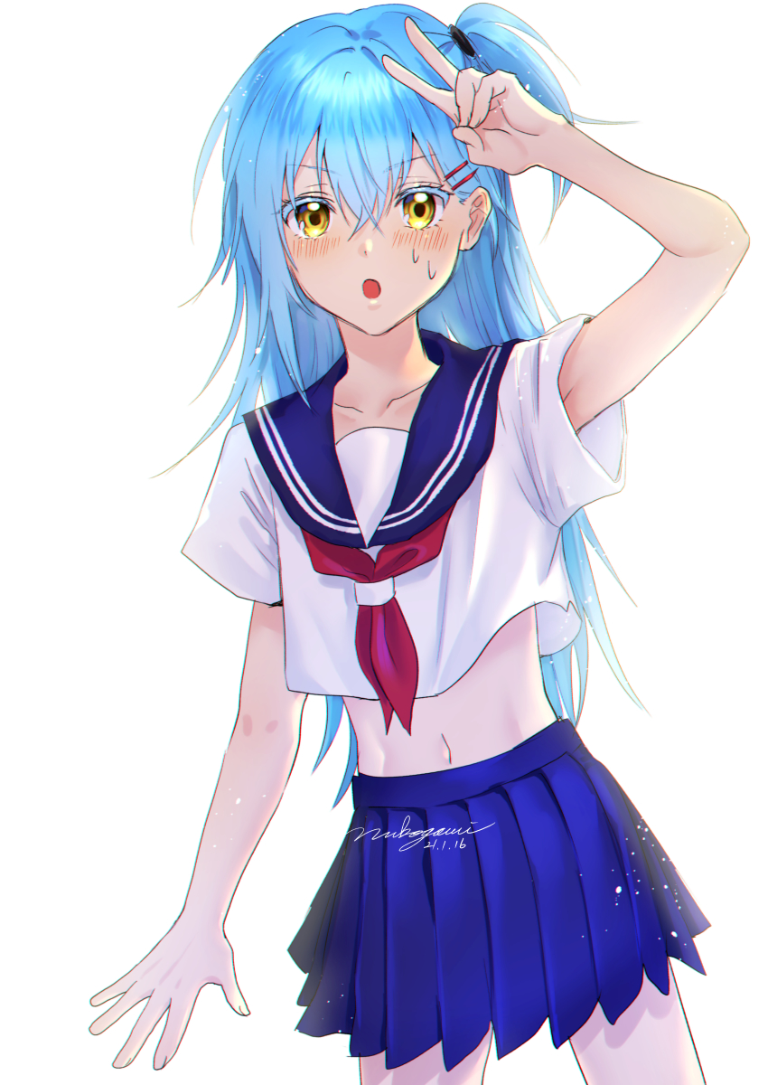 1girl, :o, absurdres, arm_up, bad_id, bad_pixiv_id, blue_hair, blue_sailor_collar