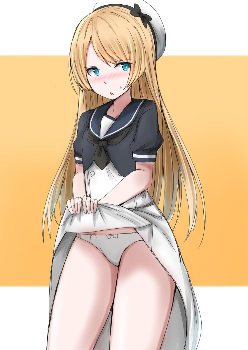1girl, black_neckerchief, blonde_hair, blue_eyes, blue_sailor_collar, clothes_lift, dress, dress_lift