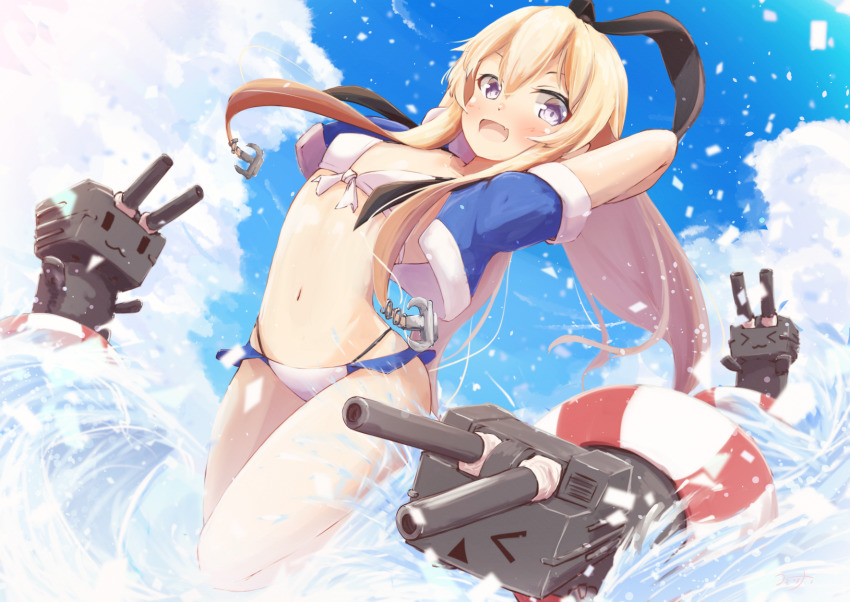 1girl, bikini, blonde_hair, blue_jacket, blue_sky, cloud, commentary_request, cowboy_shot
