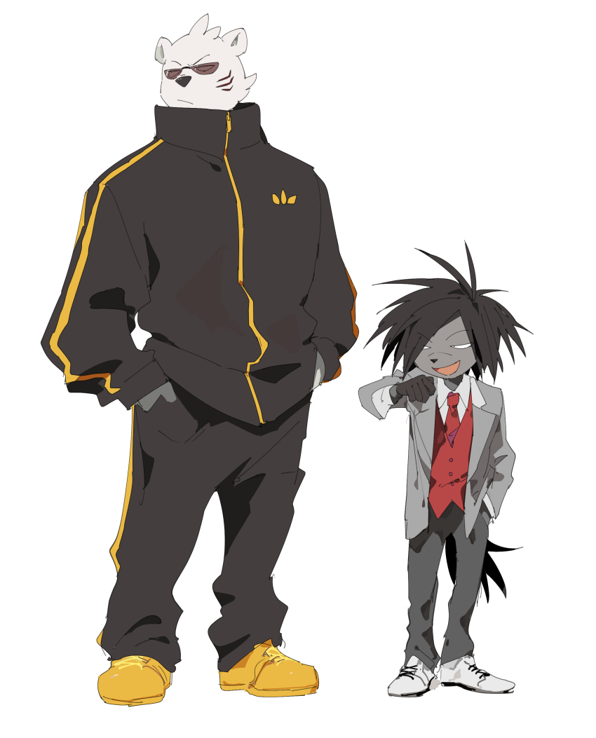 2boys, :/, absurdres, animal_ears, animal_nose, apios, arm_up, bear_boy