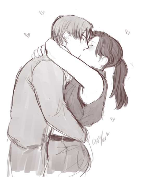 claire_redfield, cleon, daggerarcadia, denim, hug, jeans, kiss, leon_kennedy, leon_s._kennedy, pants, ponytail, resident_evil