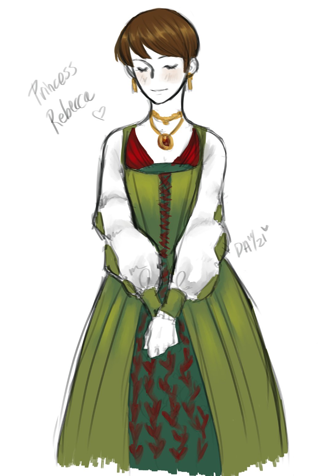 blush, brown_hair, daggerarcadia, dress, fantasy, green_dress, heart, highres