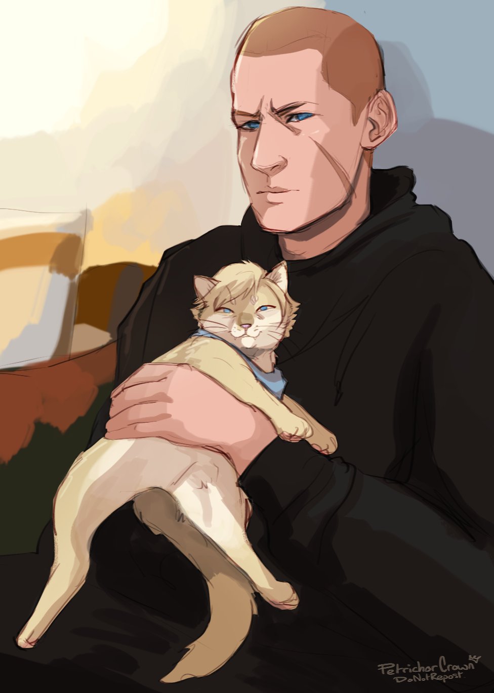 blue_eyes, cat, cuddling, daggerarcadia, facial_scar, fur, highres, jake_muller