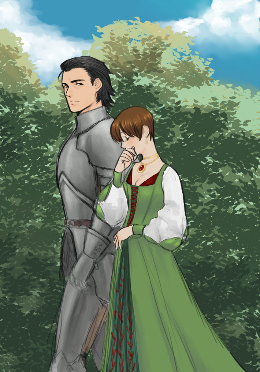 absurdres, armor, billy_coen, black_hair, blush, brown_hair, daggerarcadia, dress