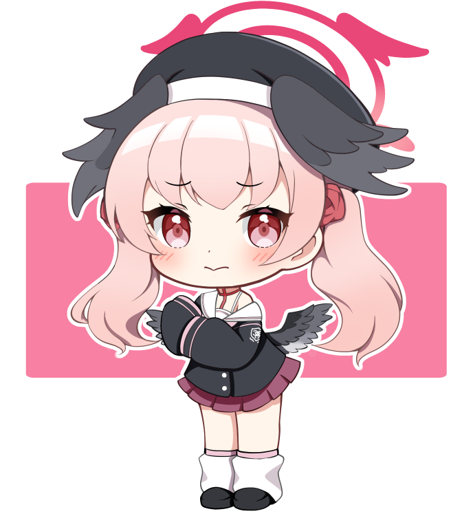 :>, beret, black_hat, black_wings, blue_archive, blush, chibi, feathered_wings