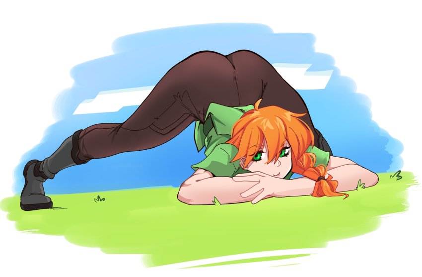 1girl, absurdres, ahoge, alex_(minecraft), ass, bent_over, black_boots, blue_sky, boots, braid, brown_pants, commentary, crossed_arms, day, english_commentary, grass, green_eyes, green_shirt, highres, jack-o'_challenge, knee_boots, long_hair, looking_at_viewer, meme, minecraft, orange_hair, outdoors, pants, shirt, short_sleeves, sky, smile, solo, void_dot_exe