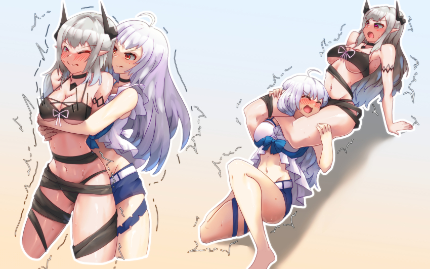 2girls, absurdres, ahoge, arknights, armlet, bakasp-lilzy, bare_shoulders, bearhug