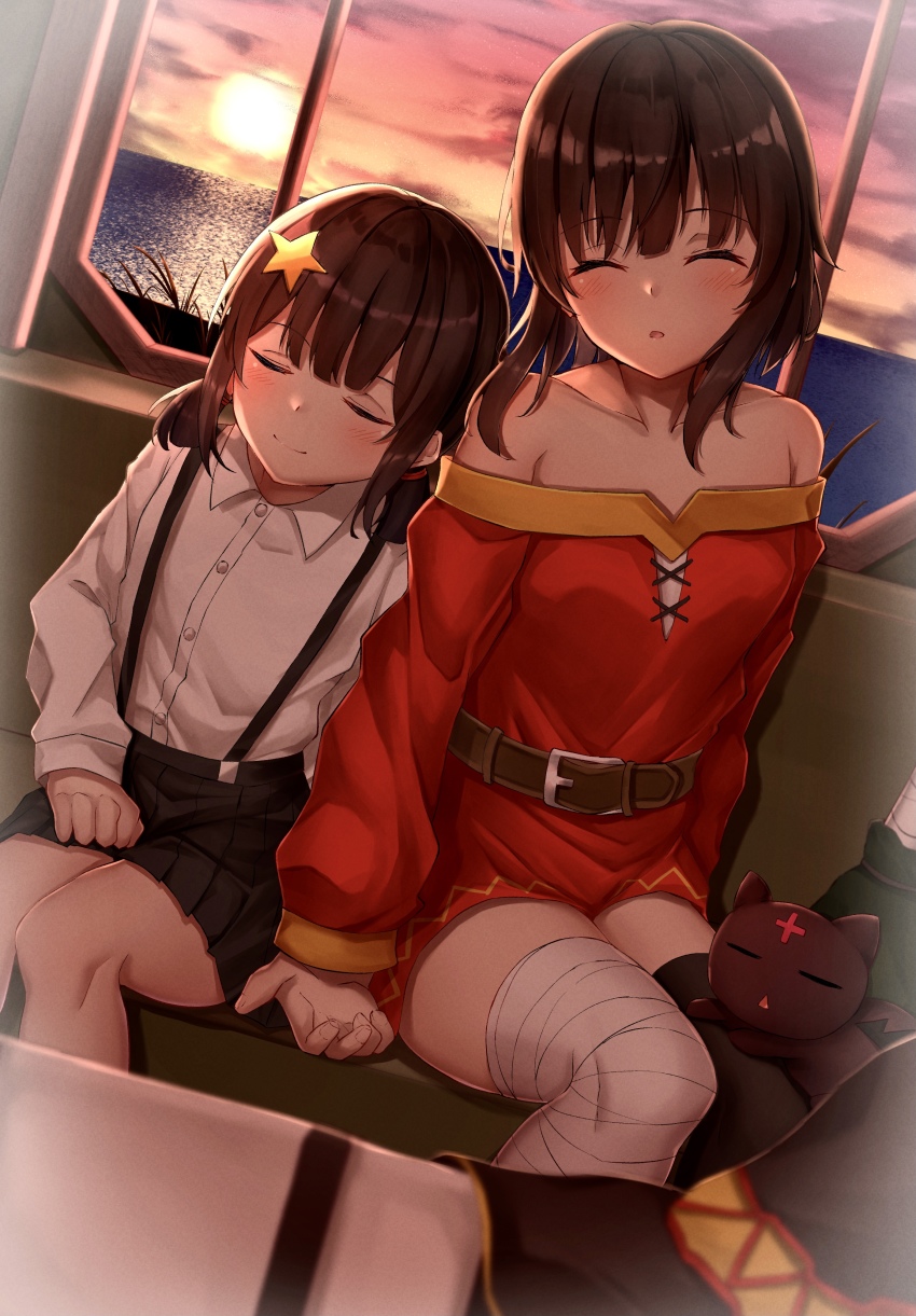 2girls, :o, absurdres, bandaged_leg, bandages, bare_shoulders, belt, black_legwear, blush, breasts, brown_belt, chomusuke, closed_mouth, collarbone, collared_shirt, dress, dress_shirt, facing_viewer, feet_out_of_frame, hair_ornament, hair_tie, hat, unworn_hat, unworn_headwear, highres, komekko, kono_subarashii_sekai_ni_shukufuku_wo!, long_sleeves, low_twintails, medium_hair, megumin, miniskirt, multiple_girls, pleated_skirt, red_dress, shirt, shirt_tucked_in, siblings, sisters, sitting, skirt, small_breasts, smile, star_(symbol), star_hair_ornament, sun, sunset, thighhighs, toukan, twintails, witch_hat