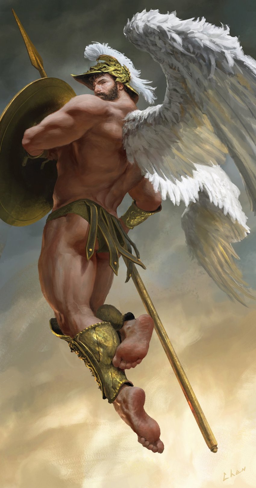 1boy, ancient_greek_clothes, ares_(mythology), armor, ass, bara, bare_back, beard