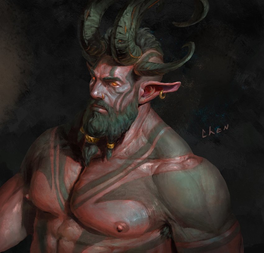 1boy, abs, bara, beard, chens_art, colored_sclera, colored_skin, curled_horns, earrings, extra_horns, facial_hair, faux_traditional_media, full-body_tattoo, highres, horns, jewelry, large_pectorals, looking_at_viewer, male_focus, mature_male, monster_boy, muscular, muscular_male, nipples, nude, orc, original, pectorals, pointy_ears, realistic, red_skin, short_hair, solo, tattoo, undercut, upper_body, yellow_sclera