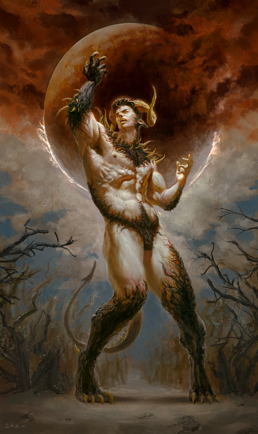 1boy, abs, body_fur, bulge, chens_art, cloud, cloudy_sky, completely_nude, curled_horns, faux_traditional_media, full_body, full_moon, goat_boy, goat_horns, highres, horns, large_pectorals, male_focus, monster_boy, moon, muscular, muscular_male, navel, navel_hair, nipples, nude, open_hands, original, pectorals, pointy_ears, realistic, red_moon, satyr, sharp_teeth, sharp_toenails, short_hair, sky, solo, standing, stomach, teeth, thick_thighs, thighs, toenails, transformation, tree