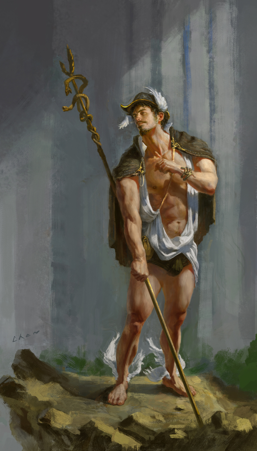 1boy, abs, absurdres, ancient_greek_clothes, bare_pectorals, barefoot, bracelet, bulge