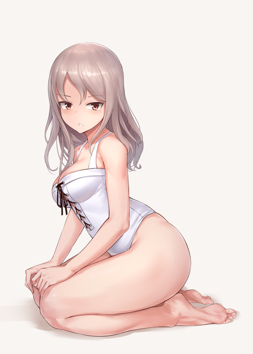 1girl, absurdres, alice_gear_aegis, artist_request, barefoot, blush, feet, hands_on_own_knees